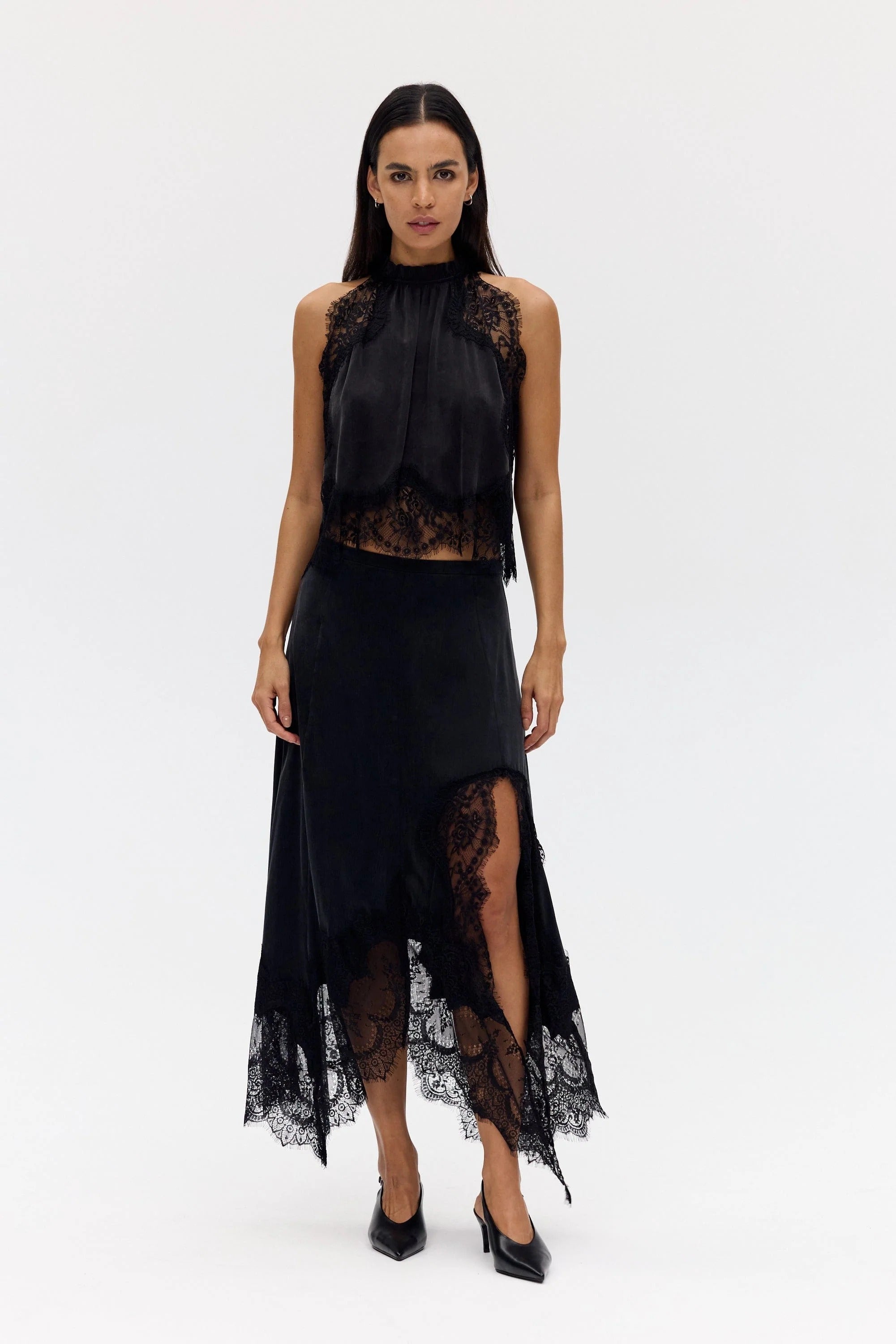 Satin Lace-Trim Top & A-Line Slit Skirt Set