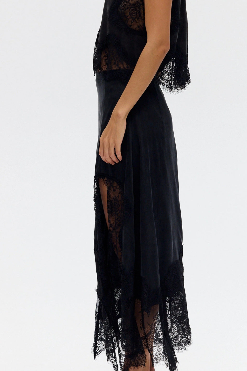 Satin Lace-Trim Top & A-Line Slit Skirt Set