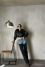 Two-Tone Patchwork Jeans - High-Waist Slim Straight Denim