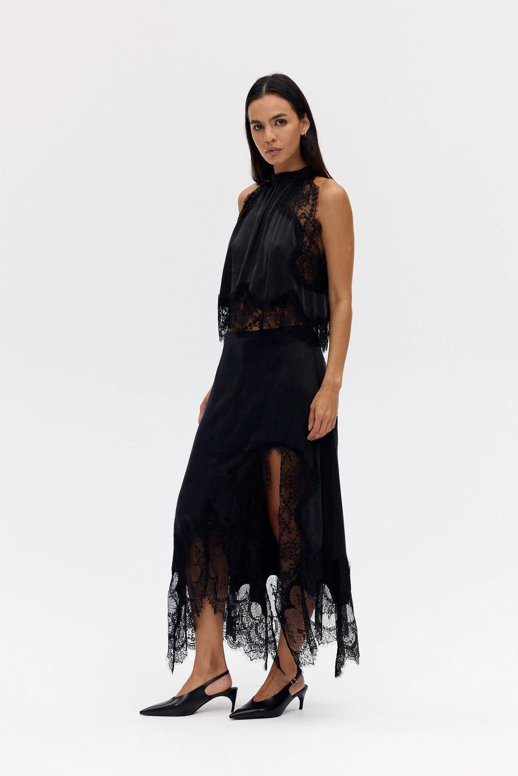Satin Lace-Trim Top & A-Line Slit Skirt Set