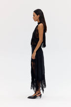 Satin Lace-Trim Top & A-Line Slit Skirt Set