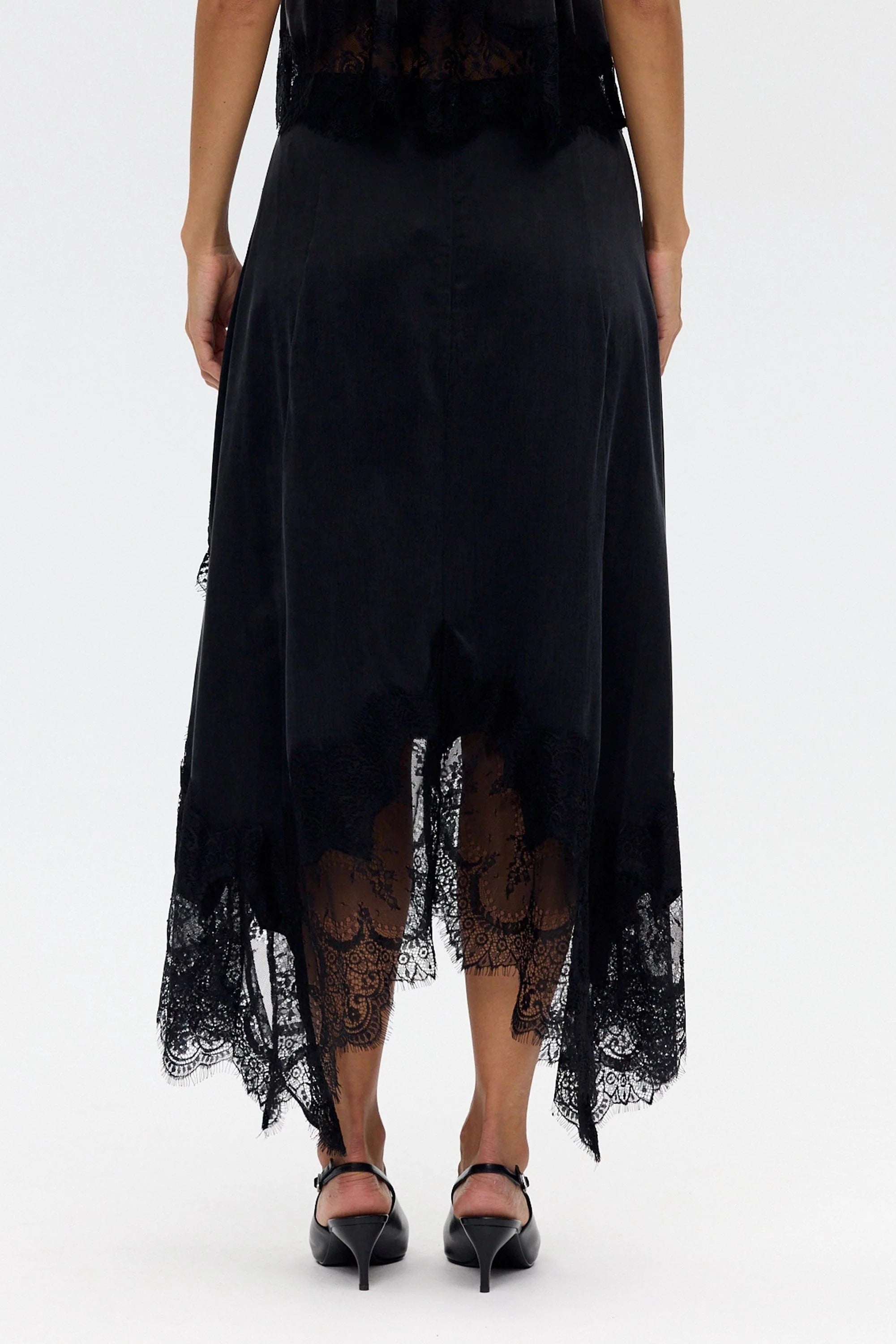Satin Lace-Trim Top & A-Line Slit Skirt Set