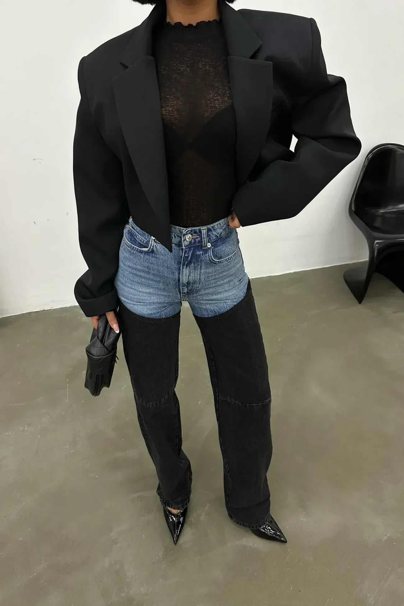 Two-Tone Patchwork Jeans - High-Waist Slim Straight Denim