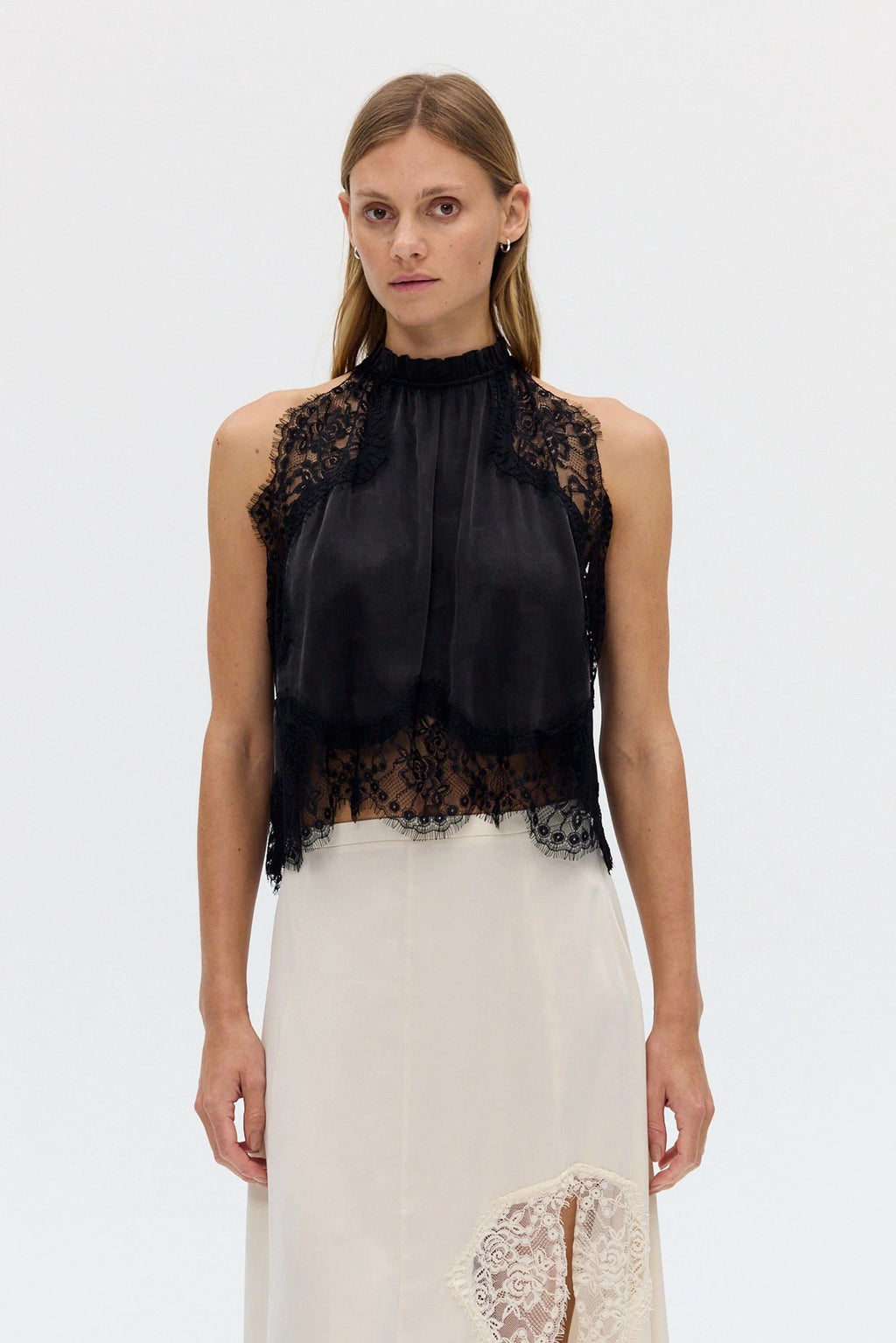 Satin Lace-Trim Top & A-Line Slit Skirt Set