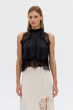 Satin Lace-Trim Top & A-Line Slit Skirt Set