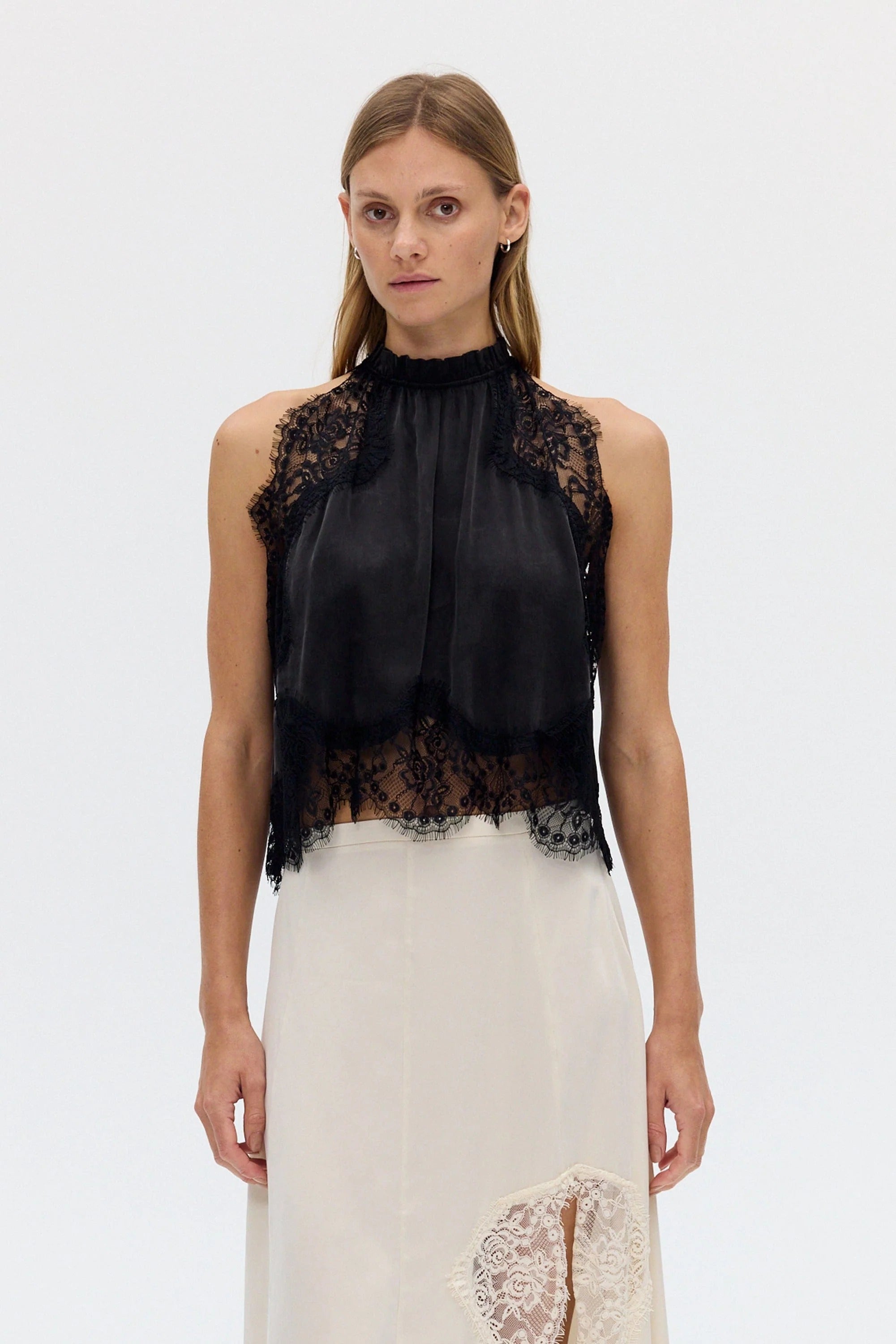 Satin Lace-Trim Top & A-Line Slit Skirt Set