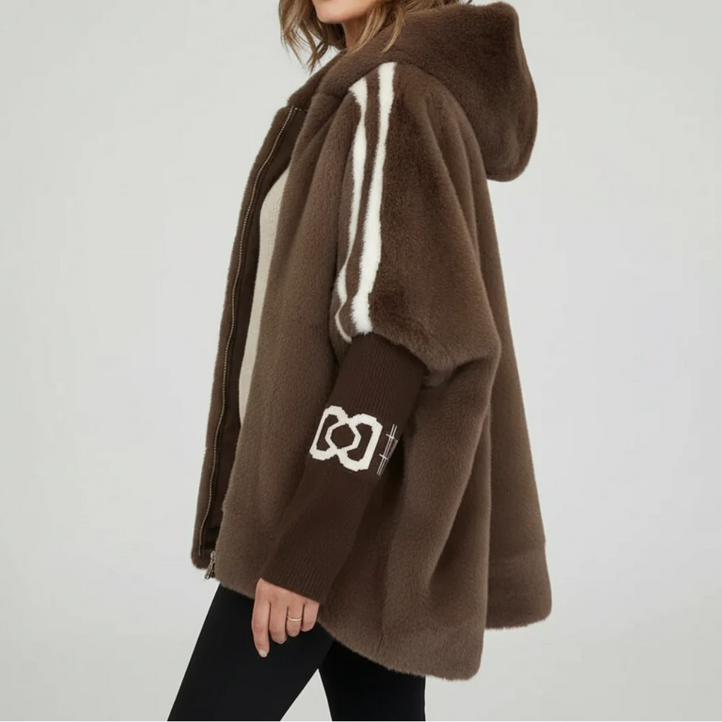 Women's Oversized Plush Faux Fur Hooded Winter Jacket with Contrast