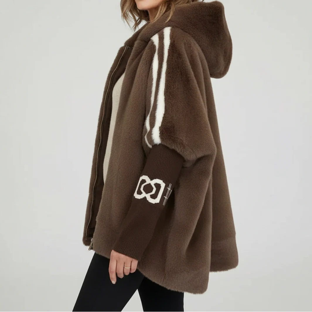 Women's Oversized Plush Faux Fur Hooded Winter Jacket with Contrast
