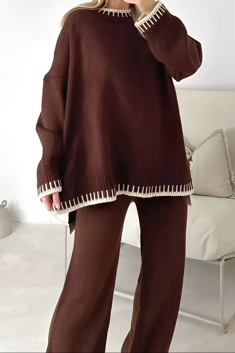 Women's Knitted Sweater and Wide-Leg Trouser Set with Contrast Ribbed Trims