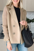 Women's Double-Breasted Wool Blend Short Coat with Ribbed Knit Sleeves