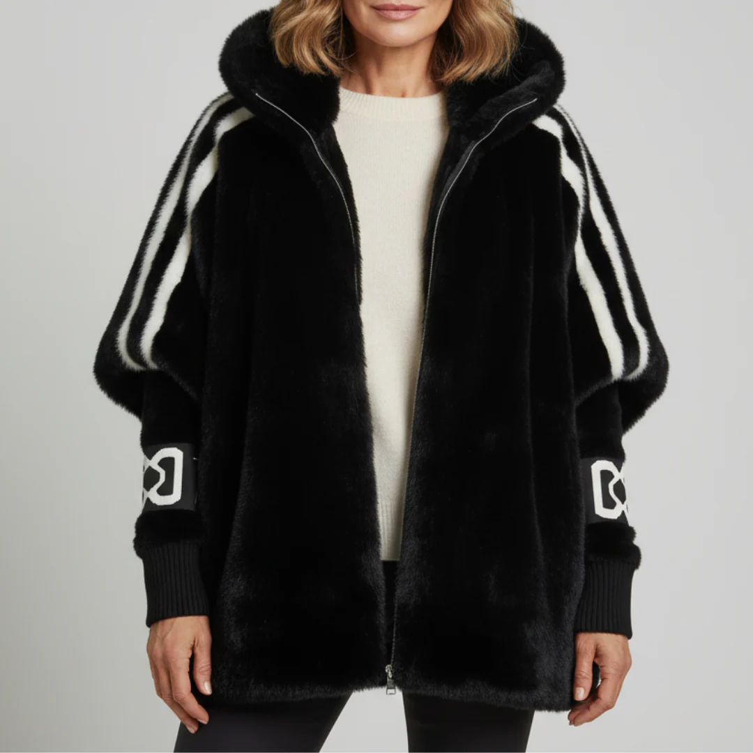 Women's Oversized Plush Faux Fur Hooded Winter Jacket with Contrast