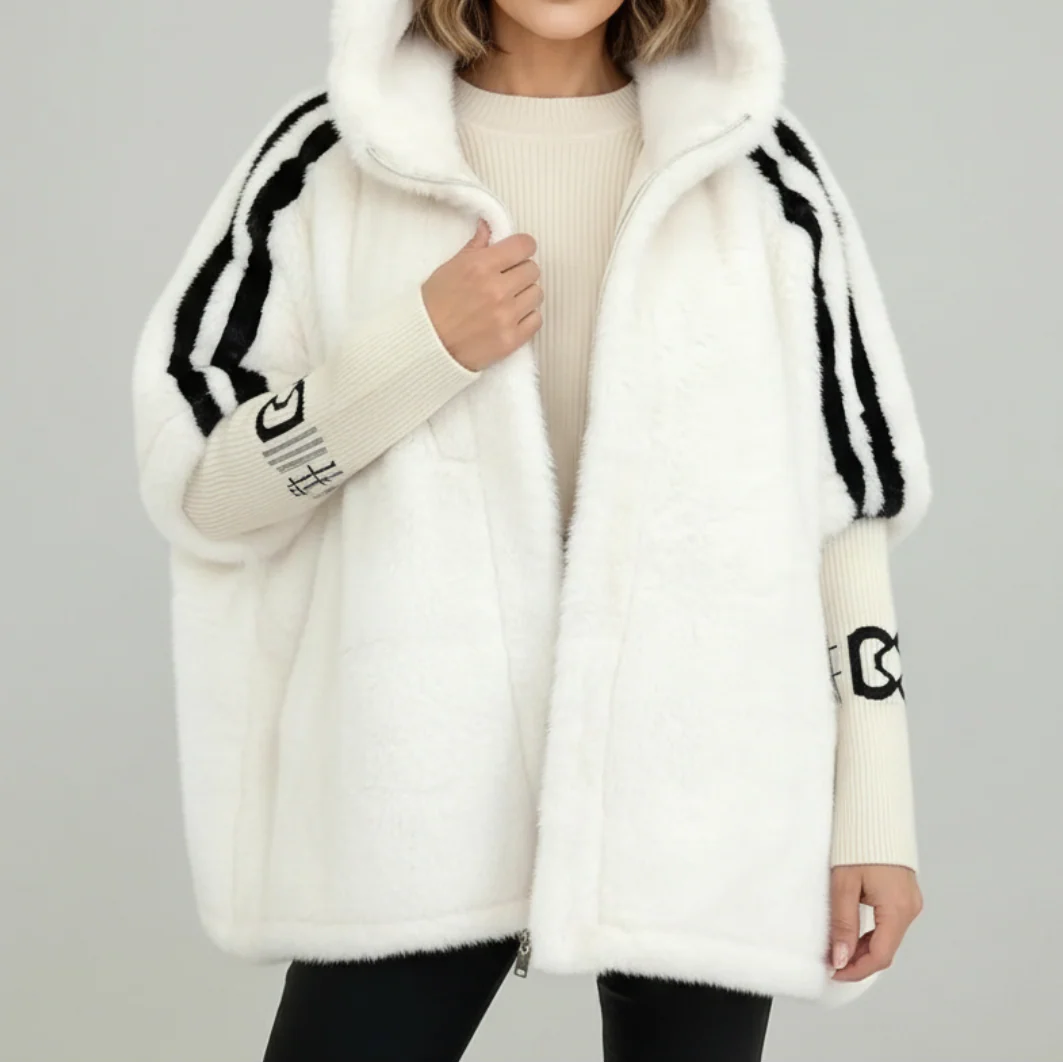 Women's Oversized Plush Faux Fur Hooded Winter Jacket with Contrast