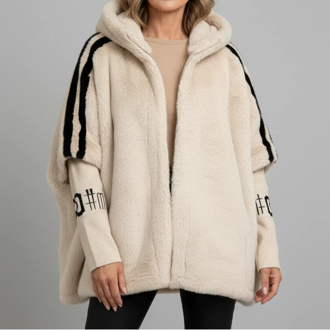 Women's Oversized Plush Faux Fur Hooded Winter Jacket with Contrast