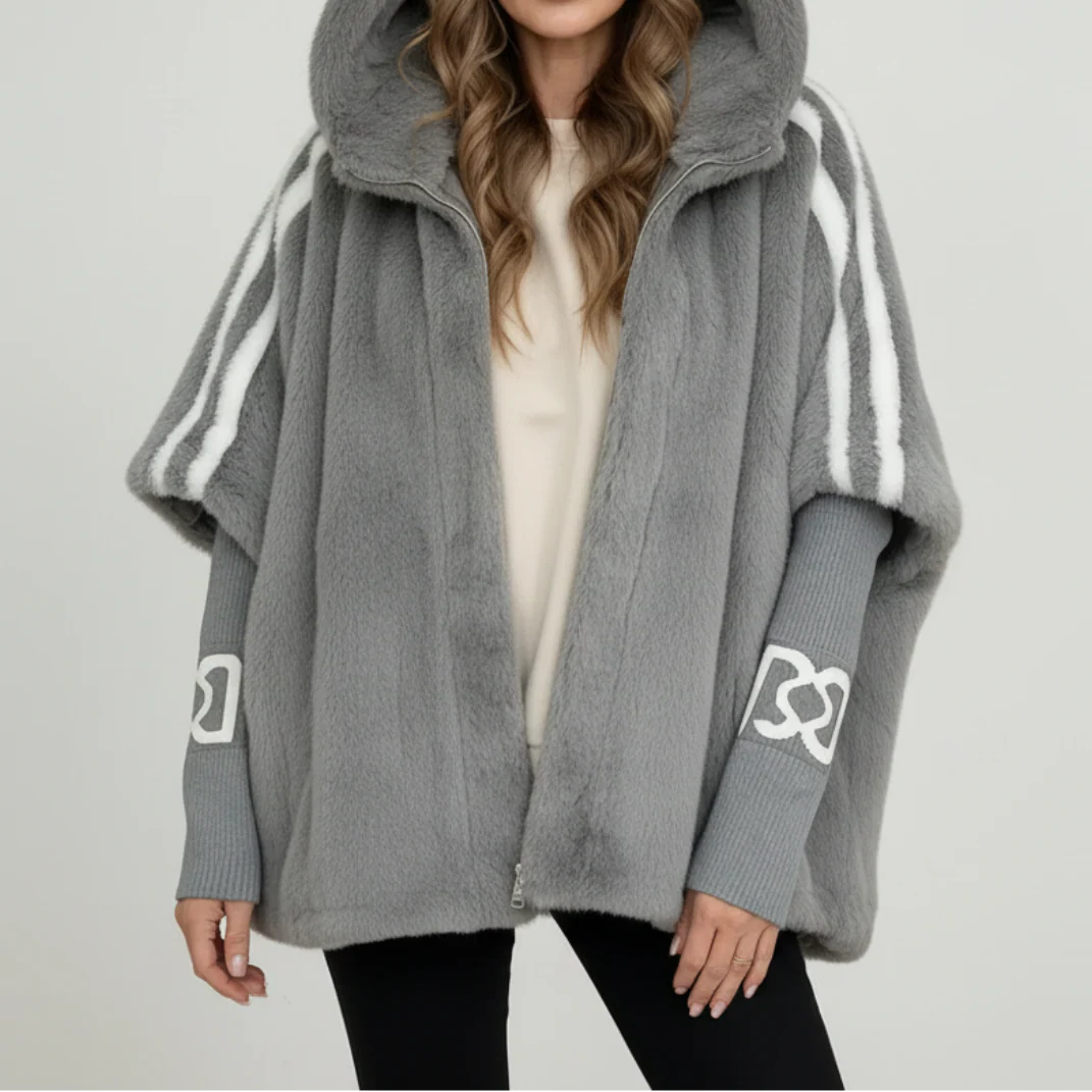 Women's Oversized Plush Faux Fur Hooded Winter Jacket with Contrast