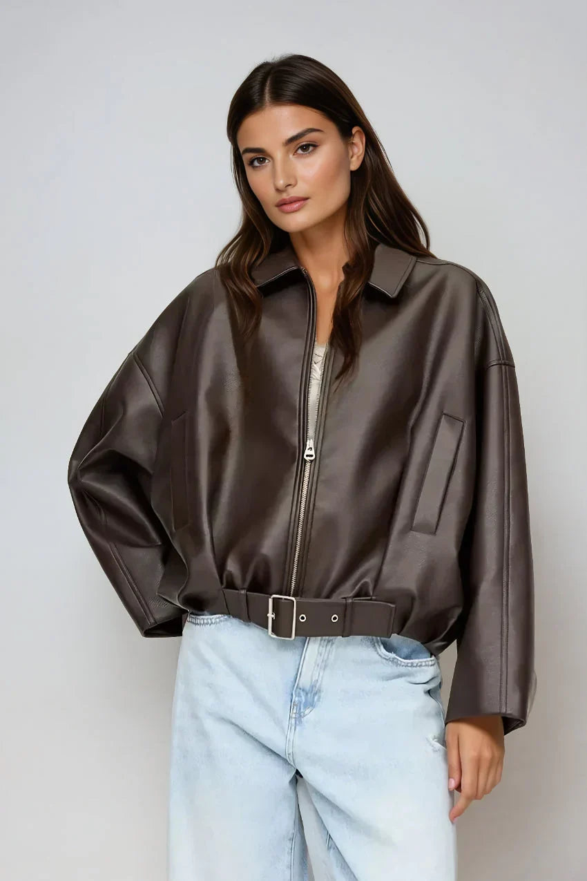 Oversized Vegan Leather Jacket with Zip & Waist Belt