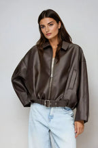 Oversized Vegan Leather Jacket with Zip & Waist Belt