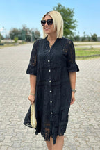 A-Line Dress Three-Quarter Sleeves Front Button | Meave & Ivy