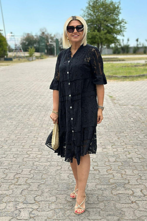 A-Line Dress Three-Quarter Sleeves Front Button | Meave & Ivy