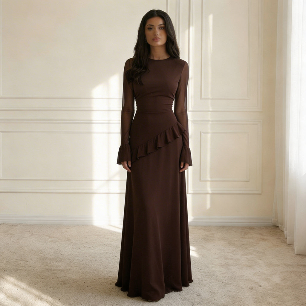 Ruffle Maxi Dress with Flare Sleeves – Women's Elegant Occasion Dress