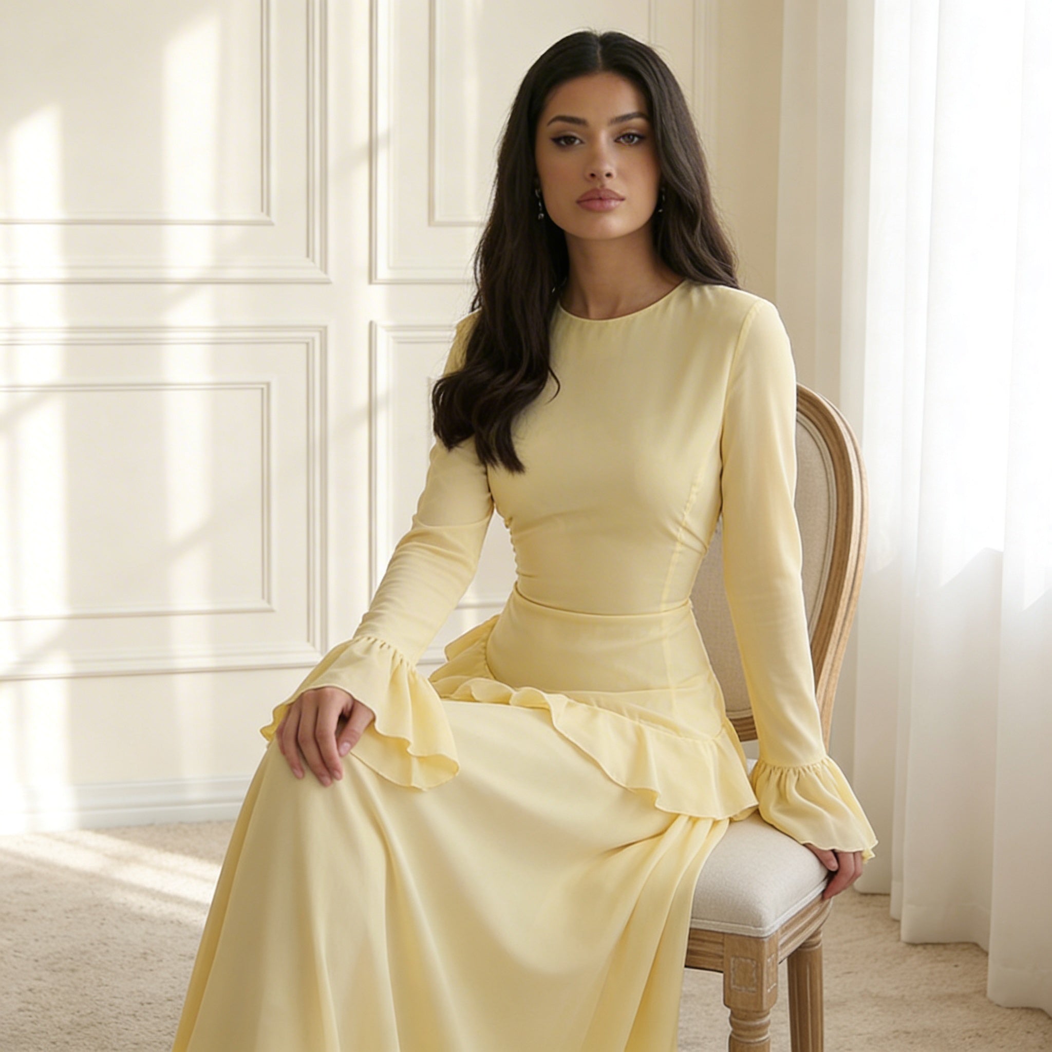 Ruffle Maxi Dress with Flare Sleeves – Women's Elegant Occasion Dress