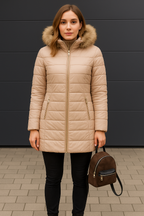 Women's Fitted Hooded Puffer Coat with Plush Trim and Zipped Pockets