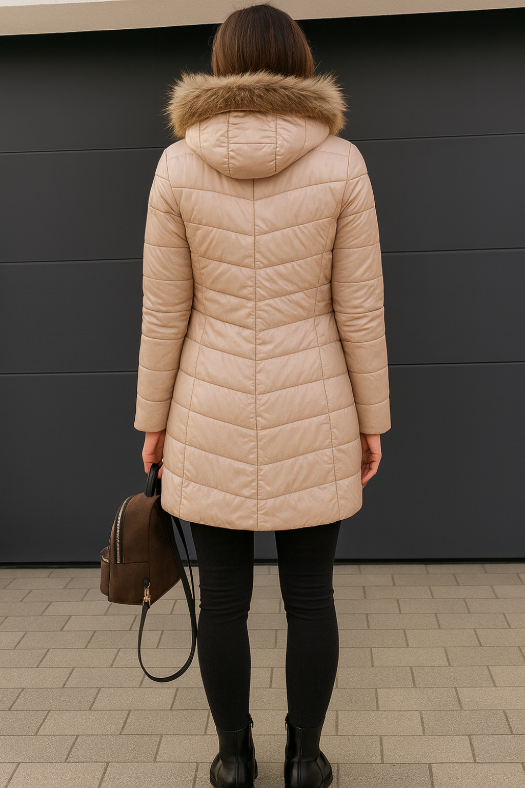 Women's Fitted Hooded Puffer Coat with Plush Trim and Zipped Pockets