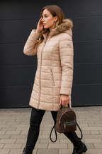 Women's Fitted Hooded Puffer Coat with Plush Trim and Zipped Pockets