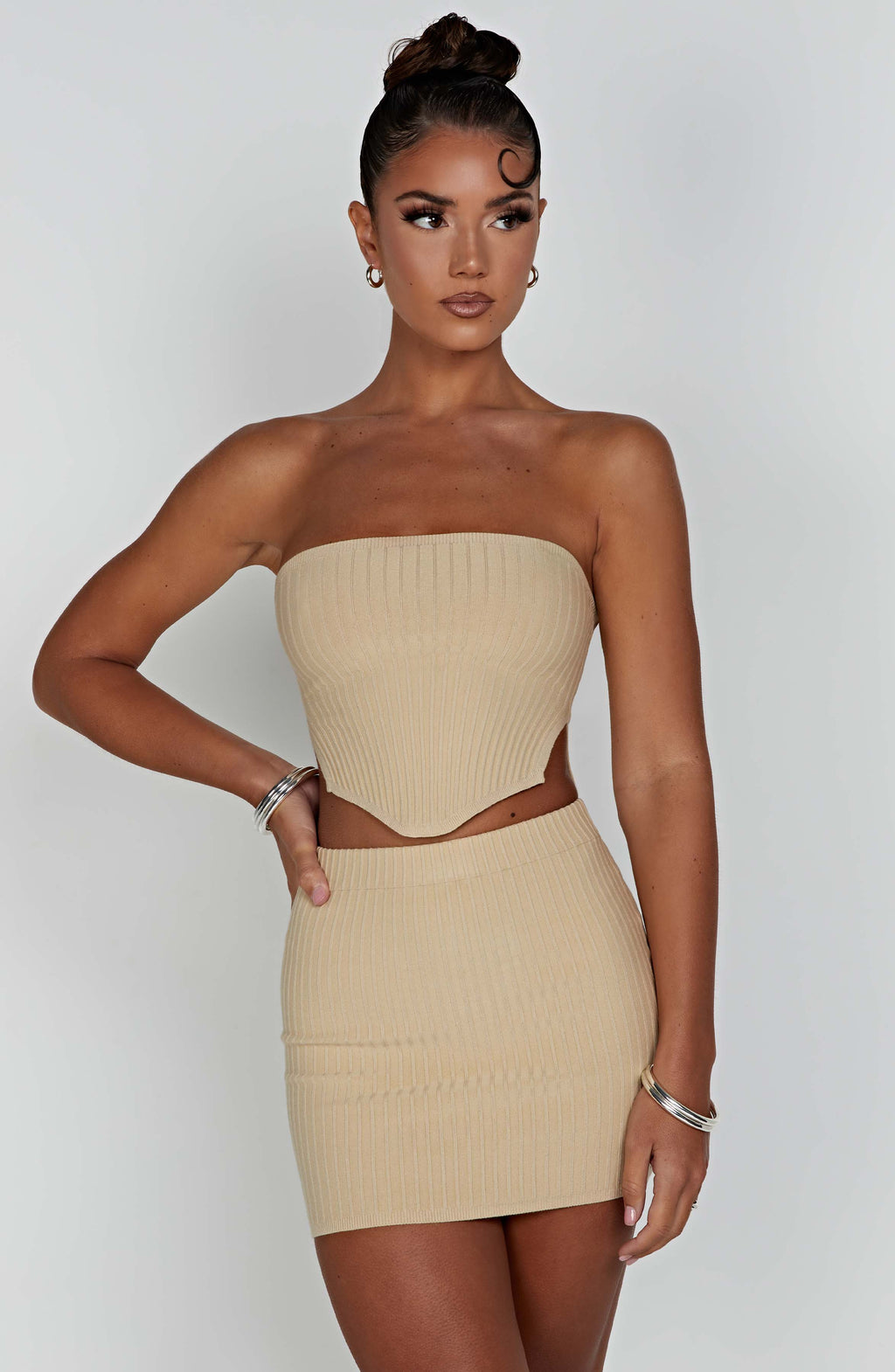 Beige Ribbed Mini Dress – Sleek Bodycon Everyday Dress | Meave & Ivy