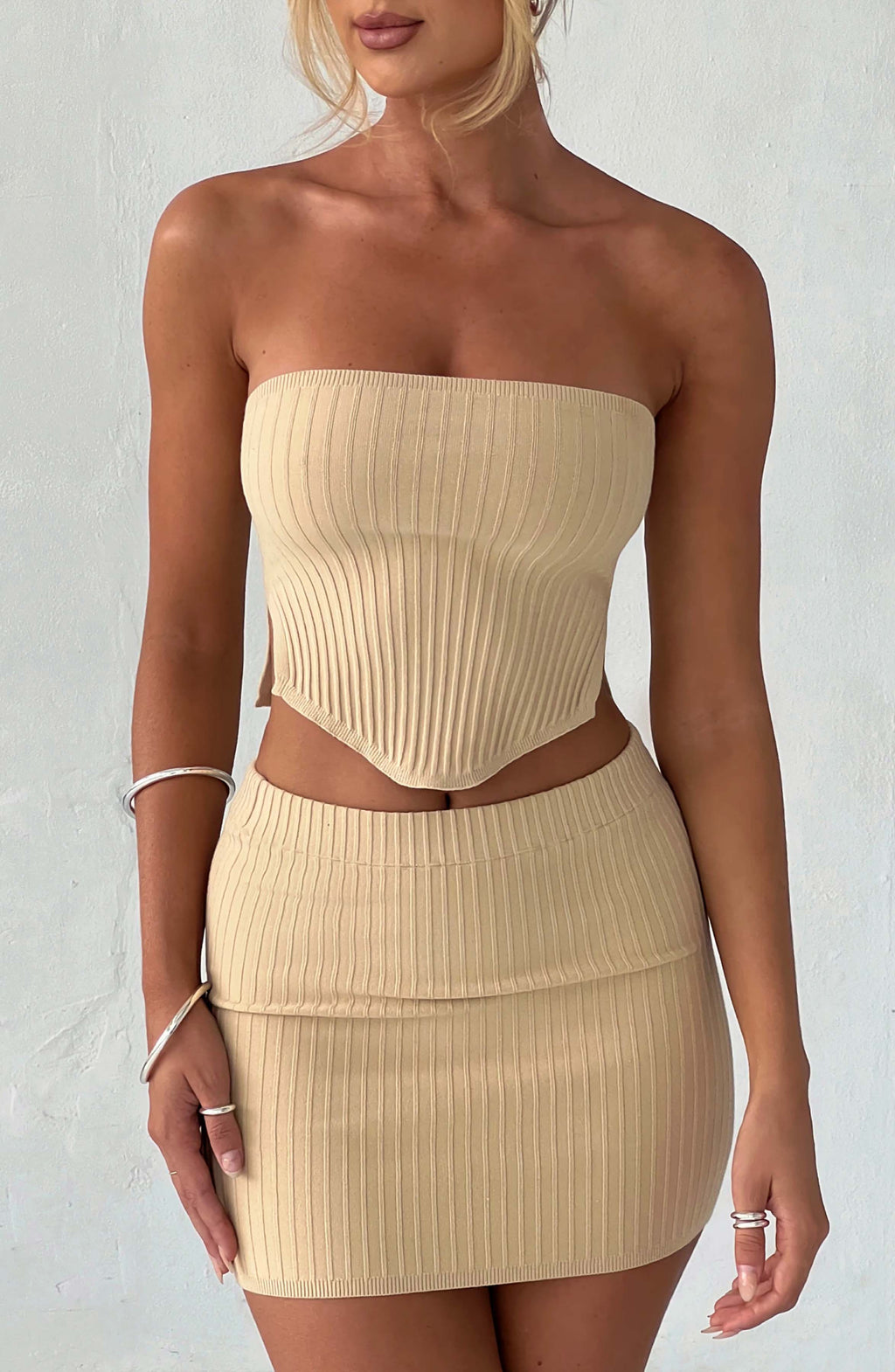 Beige Ribbed Mini Dress – Sleek Bodycon Everyday Dress | Meave & Ivy