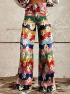 Women's Floral Print Wide-Leg Jeans – High-Waisted Full-Length Vintage