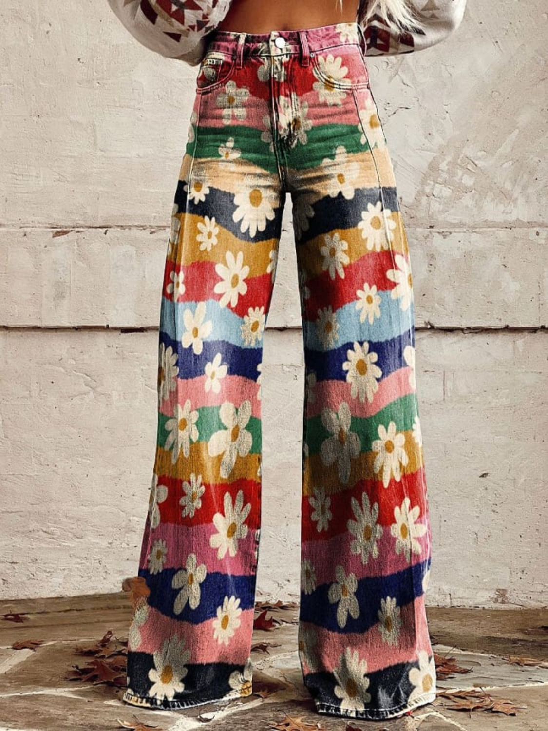 Women's Floral Print Wide-Leg Jeans – High-Waisted Full-Length Vintage