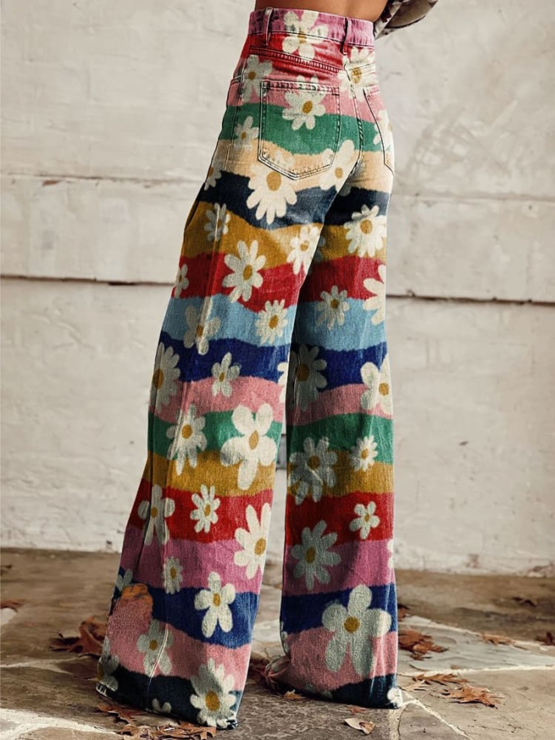 Women's Floral Print Wide-Leg Jeans – High-Waisted Full-Length Vintage