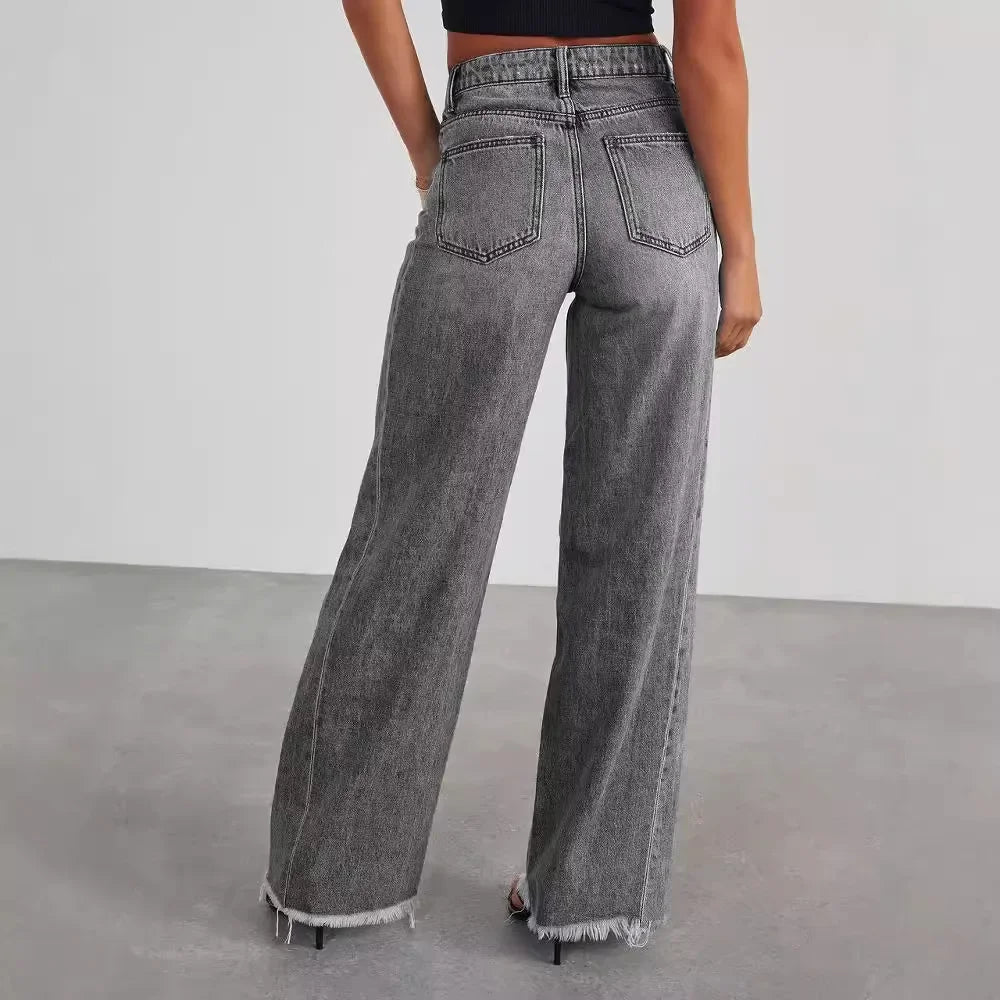 Women's High-Waisted Wide-Leg Jeans – Faded Full-Length Denim