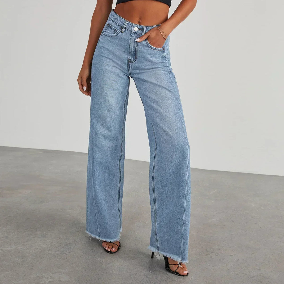 Women's High-Waisted Wide-Leg Jeans – Faded Full-Length Denim