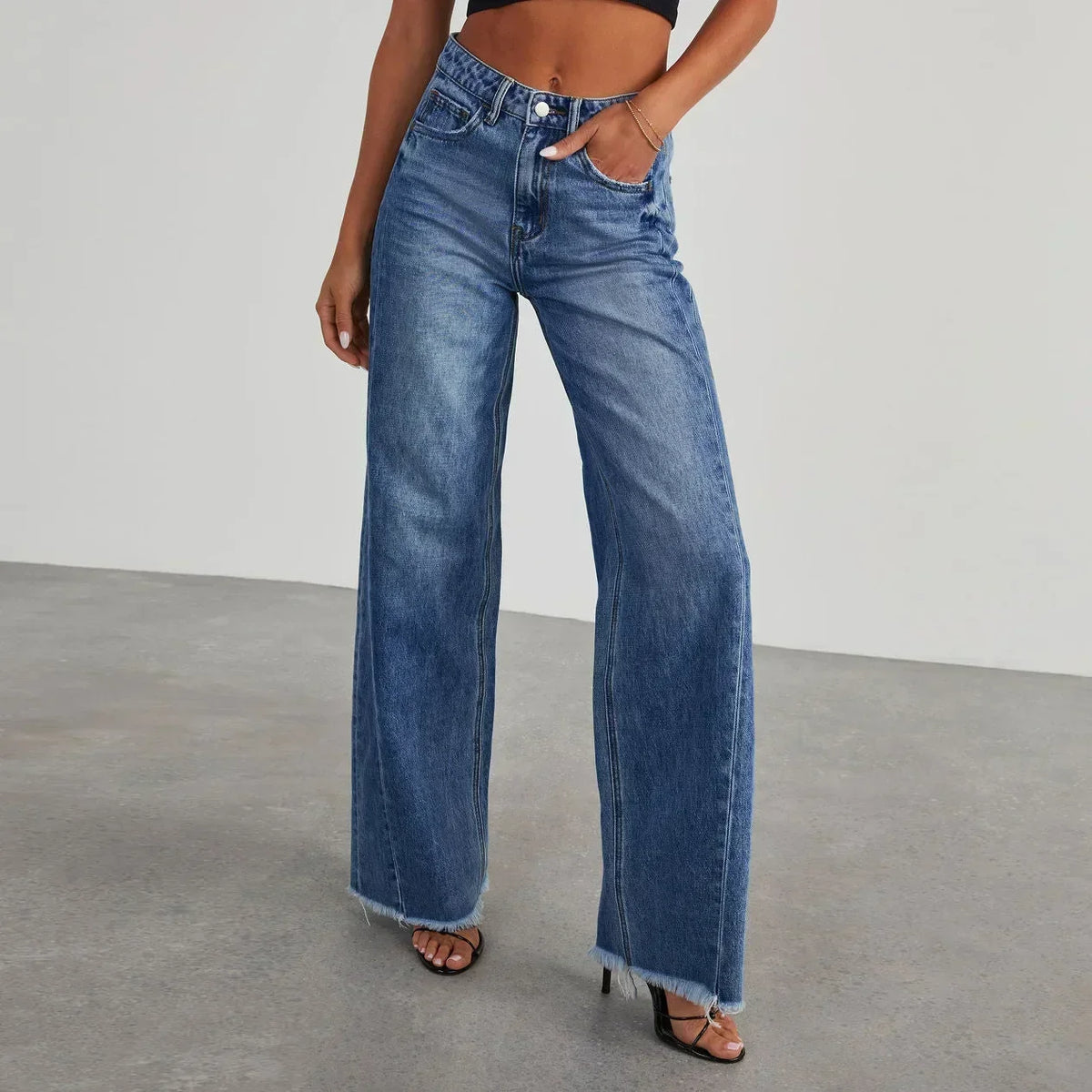 Women's High-Waisted Wide-Leg Jeans – Faded Full-Length Denim