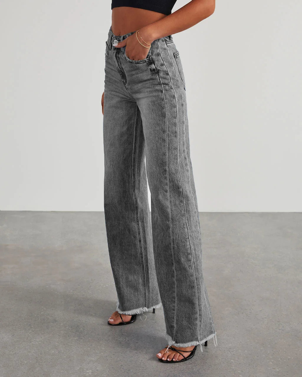 Women's High-Waisted Wide-Leg Jeans – Faded Full-Length Denim