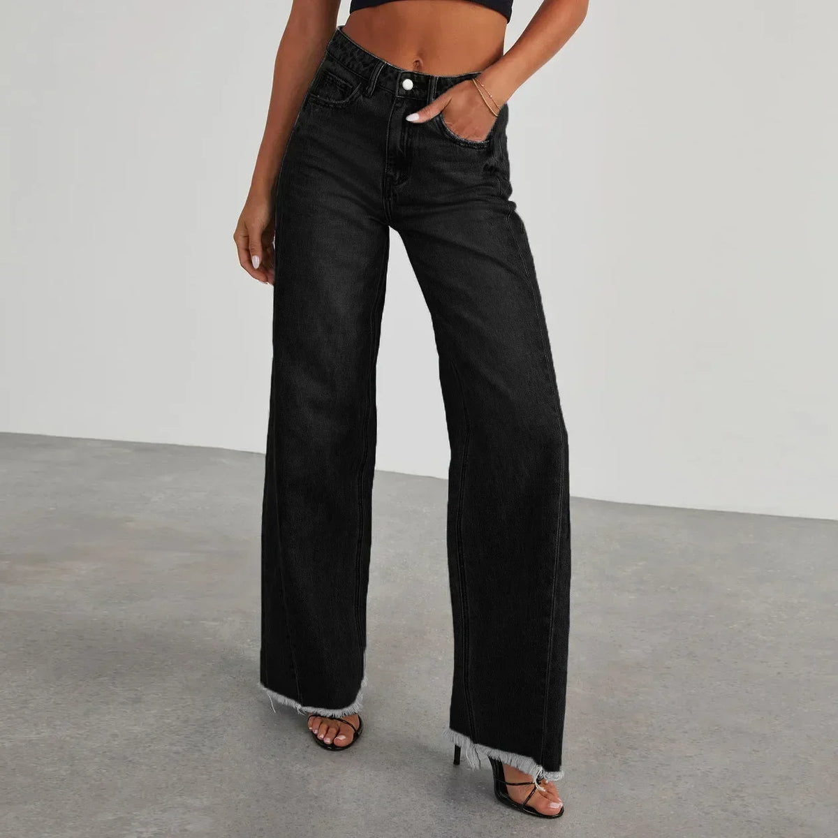 Women's High-Waisted Wide-Leg Jeans – Faded Full-Length Denim