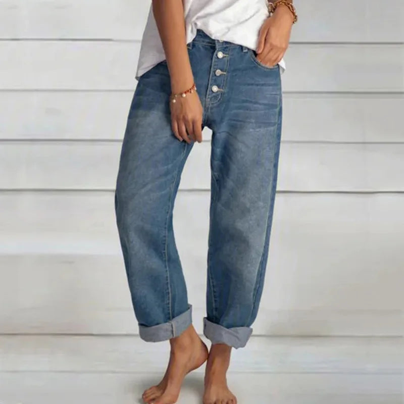 Women's High-Waisted Cuffed Wide-Leg Jeans
