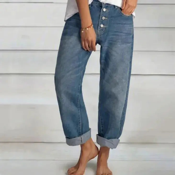 Women's High-Waisted Cuffed Wide-Leg Jeans