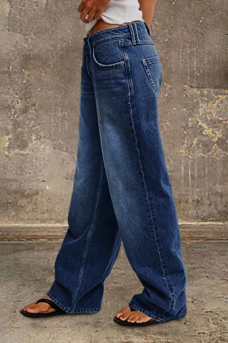 Women's Mid-Rise Wide-Leg Jeans – Relaxed Full-Length Vintage-Wash Denim