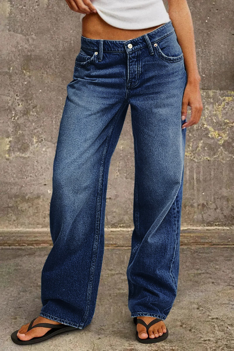Women's Mid-Rise Wide-Leg Jeans – Relaxed Full-Length Vintage-Wash Denim