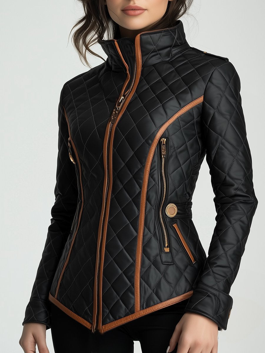Women's Elegant Fitted Quilted Jacket with High Stand Collar and Diamond