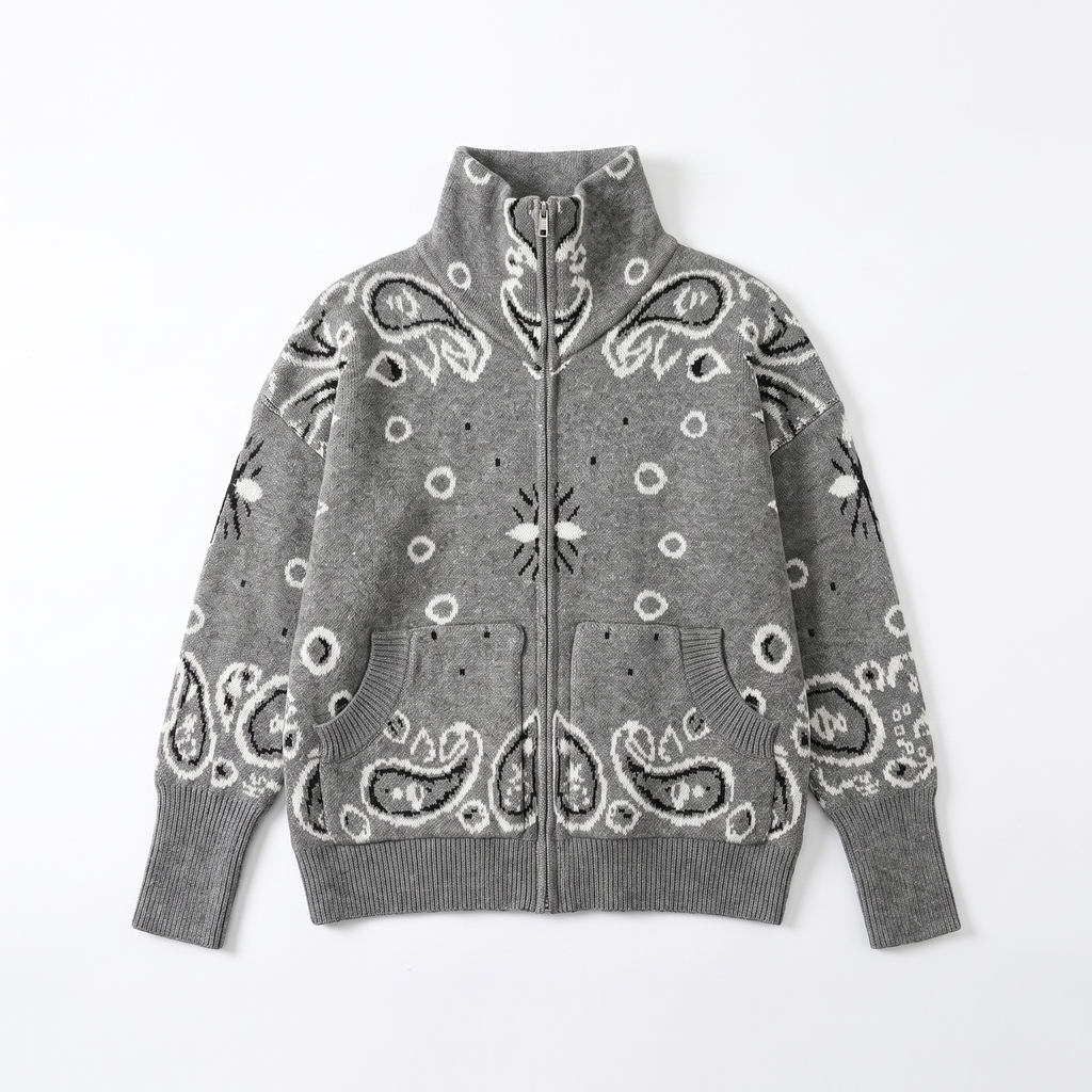 Paisley Print Zip-Up Roll Neck Cardigan – Oversized
