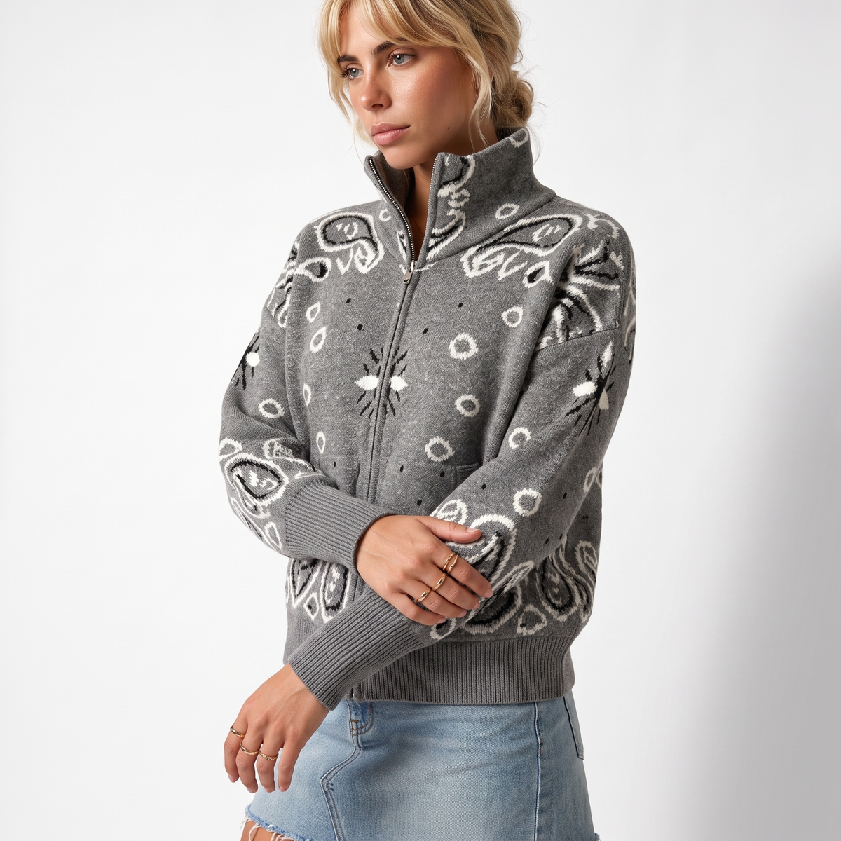 Paisley Print Zip-Up Roll Neck Cardigan – Oversized
