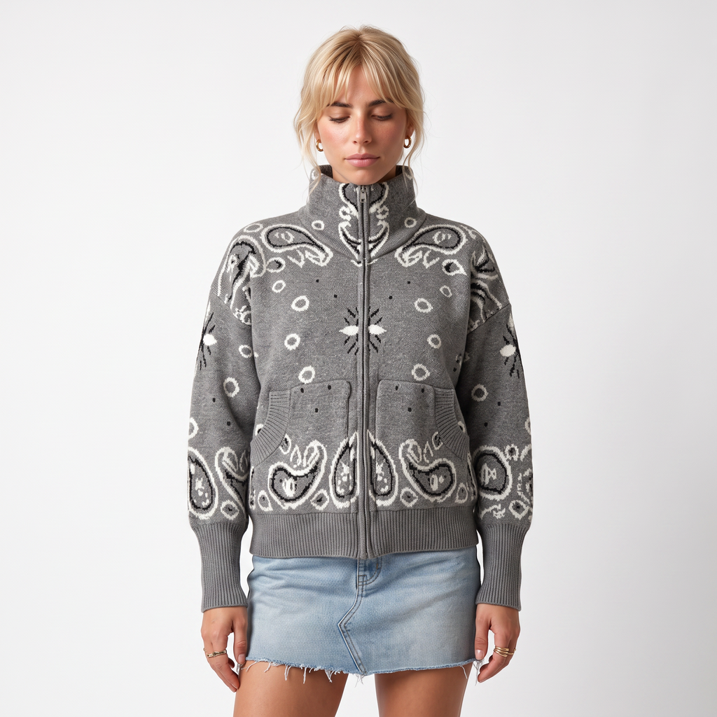 Paisley Print Zip-Up Roll Neck Cardigan – Oversized
