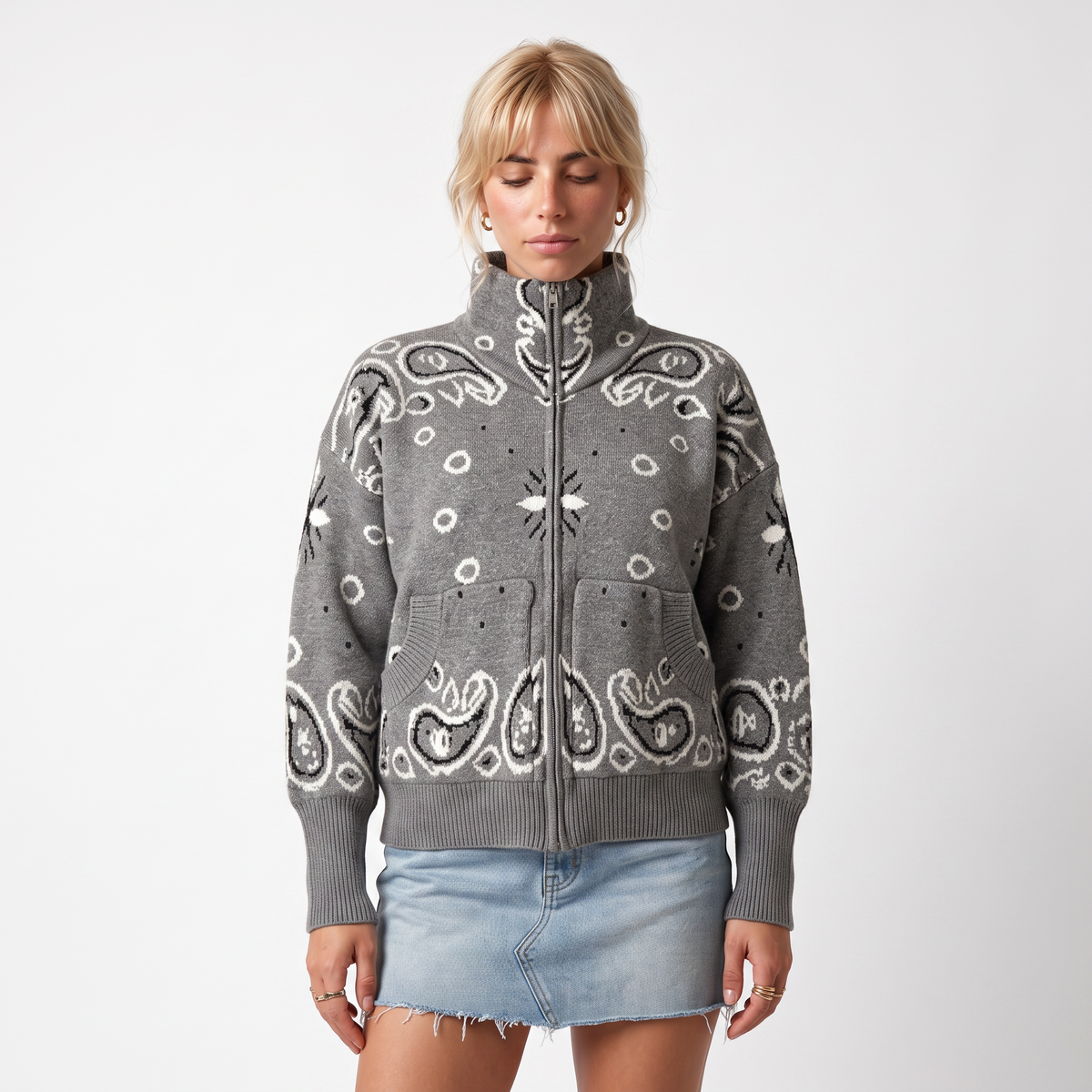 Paisley Print Zip-Up Roll Neck Cardigan – Oversized