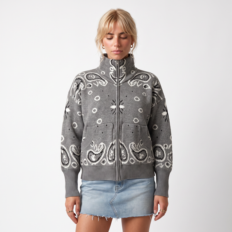 Paisley Print Zip-Up Roll Neck Cardigan – Oversized