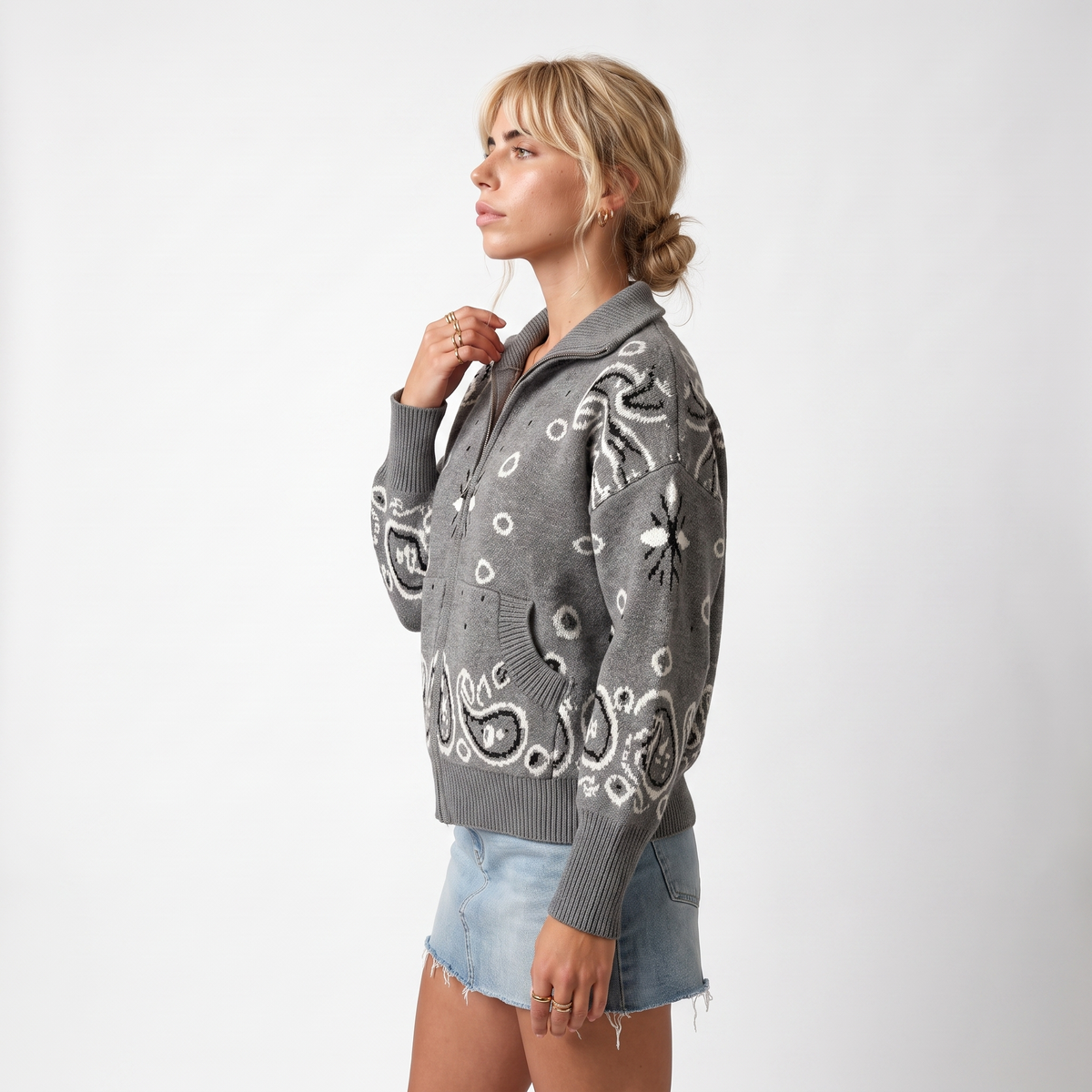 Paisley Print Zip-Up Roll Neck Cardigan – Oversized