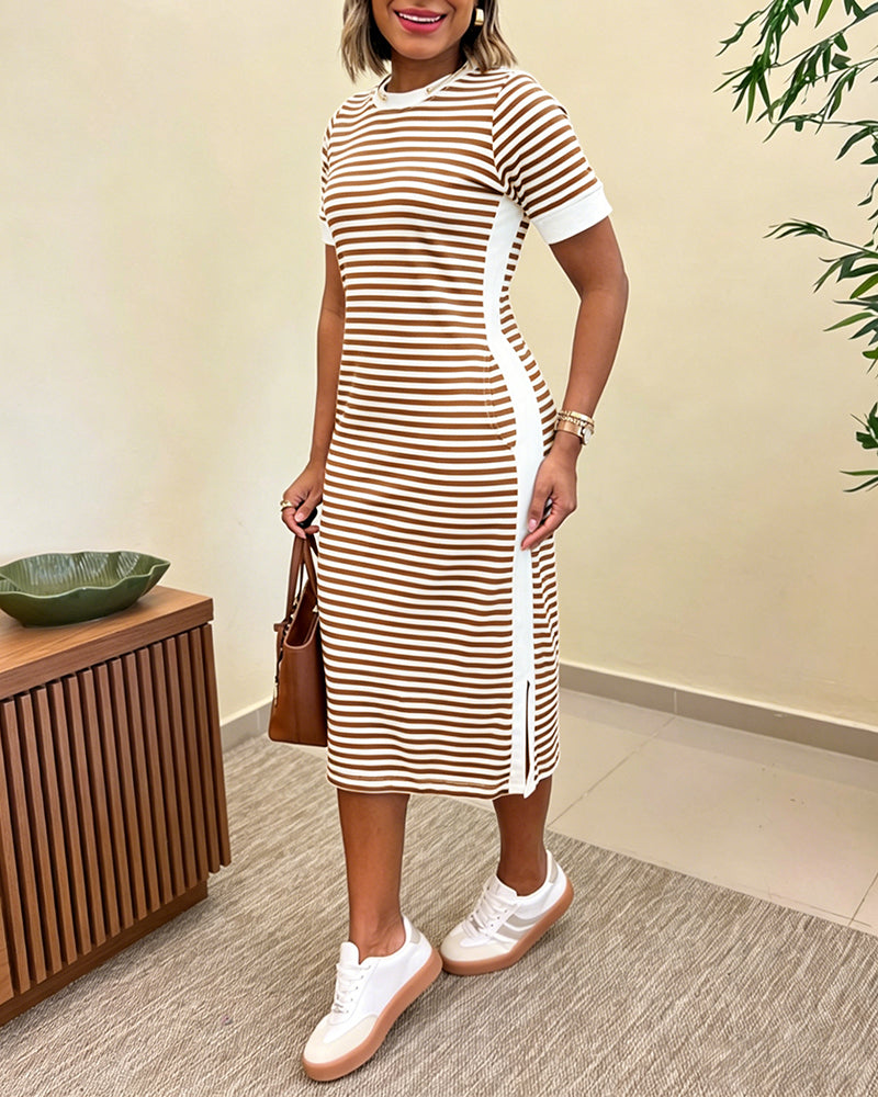 Striped Colorblock Midi T-Shirt Dress with Side Slit and Pockets | Meave & Ivy