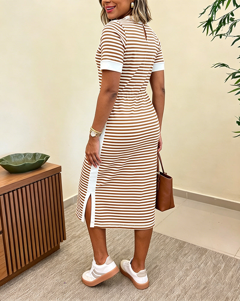 Striped Colorblock Midi T-Shirt Dress with Side Slit and Pockets | Meave & Ivy
